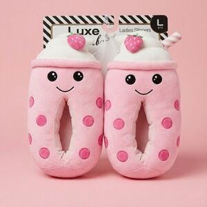 NWT Pink Strawberry Boba Slippers